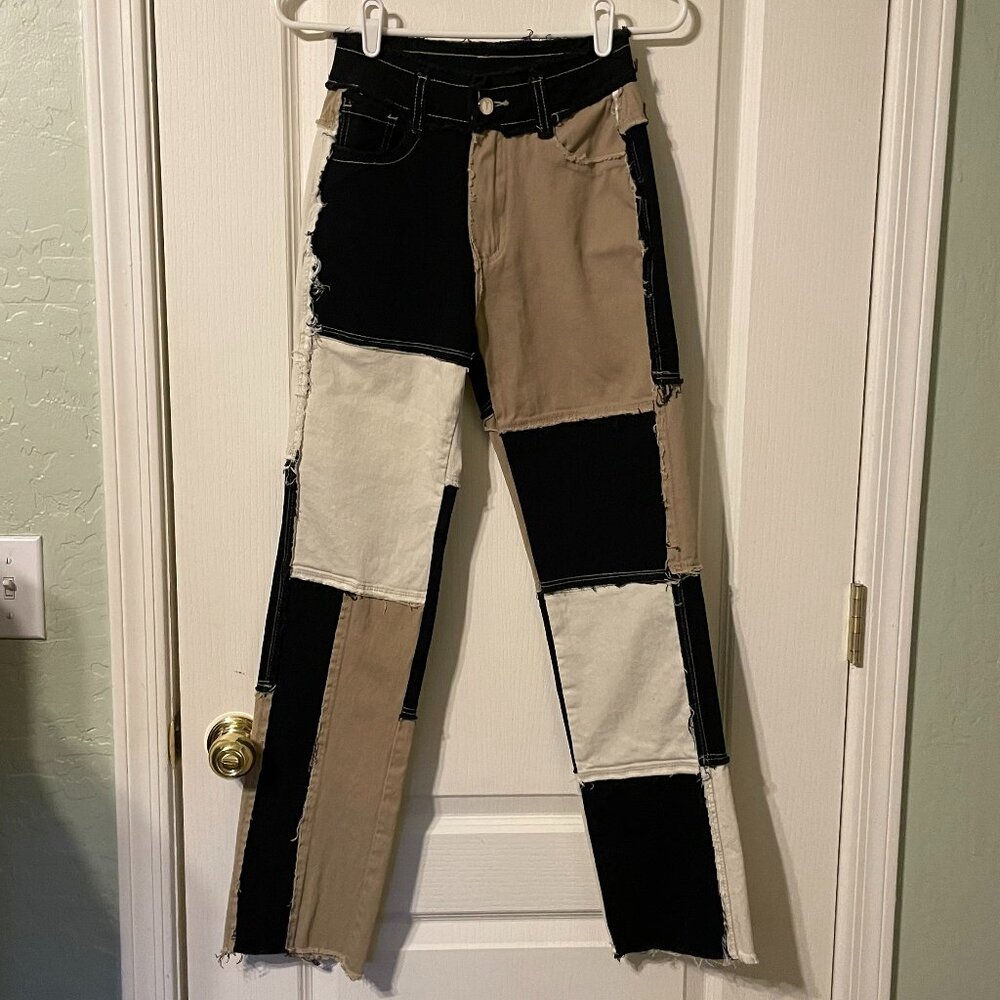 Y2K Patchwork Neutral Colorblock Straight Leg Jeans - Size X-Small XS - Picture 2 of 9